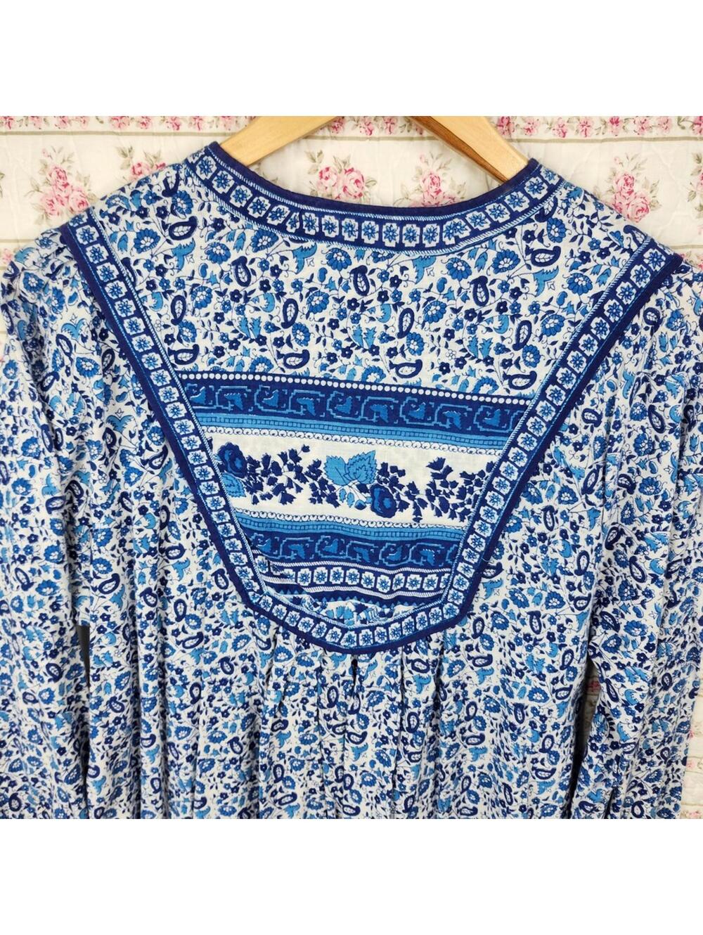 Boho Dress Blue White Floral Paisley Print 3/4 Sleeve Midi Dress - Picture 6 of 7